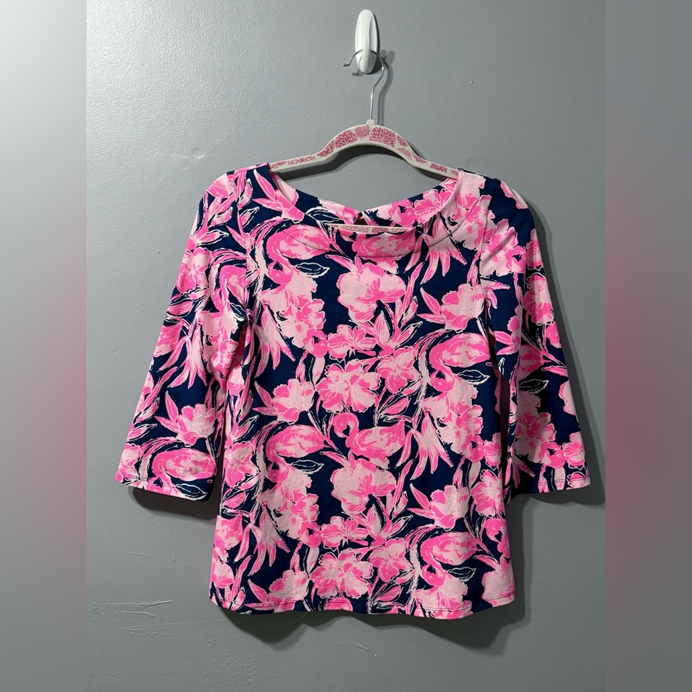 Lilly Pulitzer Waverly Top in the "Inky Navy Flamingle" floral print. Size XS